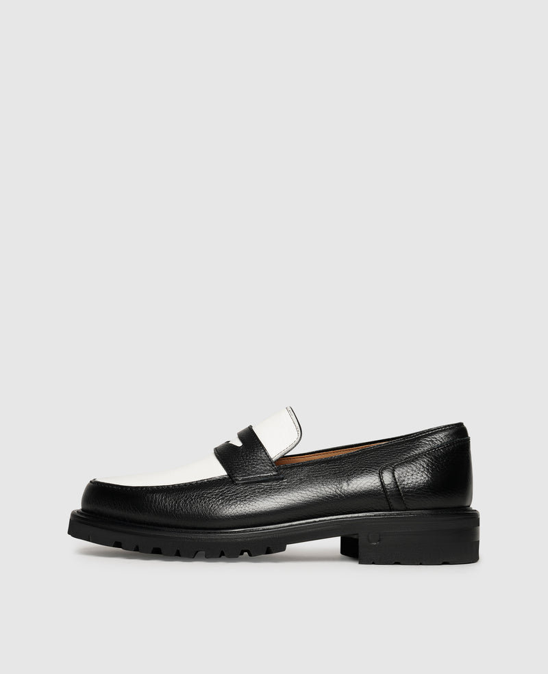 Black and white penny loafers best sale
